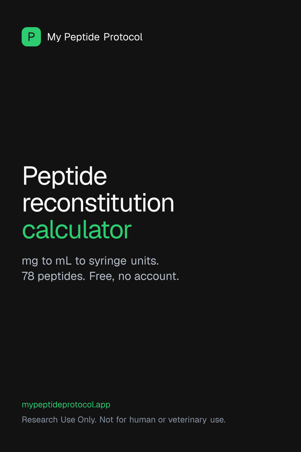 Peptide reconstitution calculator: mg to mL to syringe units, 78 peptides, free.